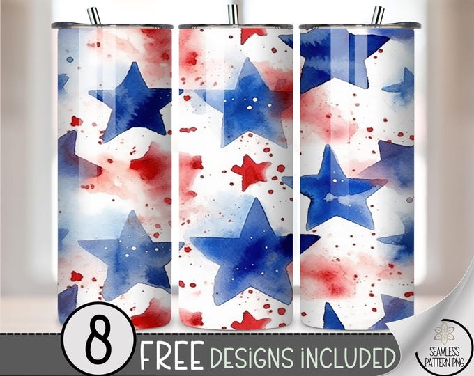 Watercolor Star 20 oz Skinny Tumbler Wrap PNG, Red White Blue Sublimation Design, Seamless July 4 Patriotic Stars & Splatter USA File, A298