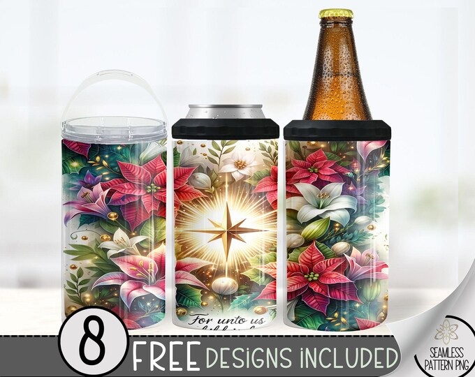 Christmas 4 In 1 Can Cooler Tumbler Wrap, Winter Sublimation Design, Xmas 16 Oz Slim, Holiday 16 Oz Can Cooler Sublimation Design, Religious