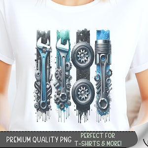 Könnte beinhalten: Eine digitale Illustration eines Werkzeugsets, bestehend aus Schraubenschlüsseln, einem Kolben und Zahnrädern, in einem Farbschema aus Blau, Grau und Schwarz. Die Werkzeuge sind vertikal angeordnet und haben einen Aquarelleffekt.