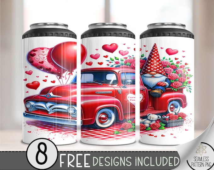 Valentine Gnome 4 in 1 Can Cooler Wrap, Cute Vday Vintage Truck 4in1 Tumbler PNG, Love & Hearts 16 Oz Can Cooler Sublimation Design Digital