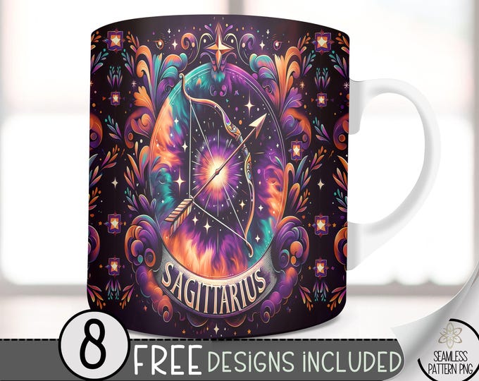 Sagittarius 11Oz Mug Template, Coffee Mug Png, 11 Oz Mug Wrap, Zodiac Mug, Astrology Mug Sublimation Design,Seamless Zodiac Sign Tie Dye PNG