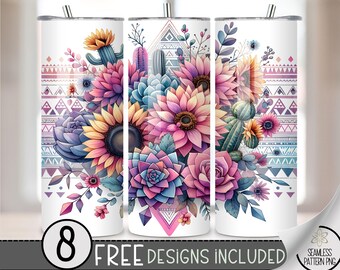 Aztec Floral Tumbler Wrap, Boho Floral Design 20 oz Digital Download,Country Western Tumbler File,Boho Sunflower Succulent Tumbler PNG, A102