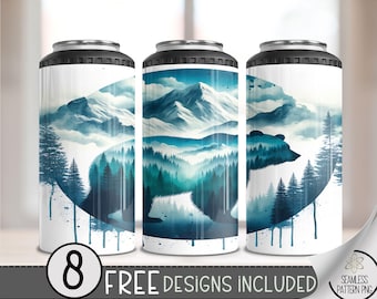 Black Bear 4 in 1 Can Cooler Wrap, Grizzly Bear 4in1 Tumbler PNG, Double Exposure 16 Oz Can Cooler Sublimation Design, Nature Seamless File