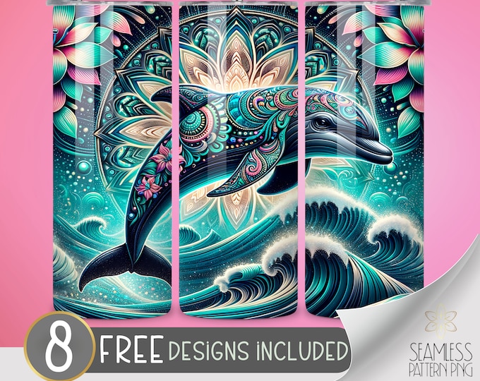 Dolphin tumbler wrap, Tropical Sublimation design, hibiscus mandala tumbler wrap, Teal Ocean 20oz skinny tumbler wrap PNG, Instant download