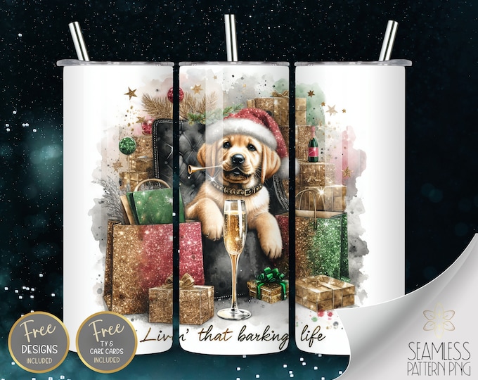 Cute Golden Retriever, 20 oz Straight Tumbler Wrap Sublimation, Christmas Tumbler Design Files, Sparkly Champagne Xmas Instant Download PNG