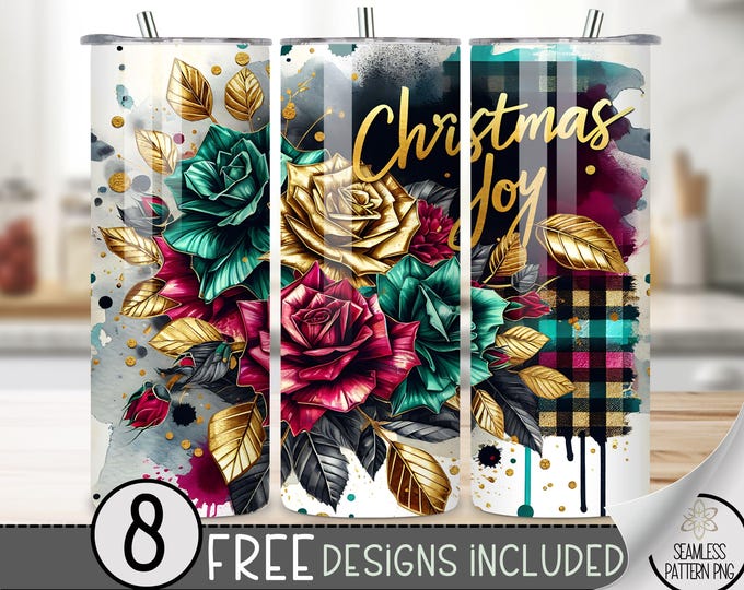 Christmas Tumbler Wrap, Holiday Straight Tumbler Wrap, Christmas Sublimation Design, Xmas 20 Oz Skinny Tumbler Design, Floral Plaid PNG File
