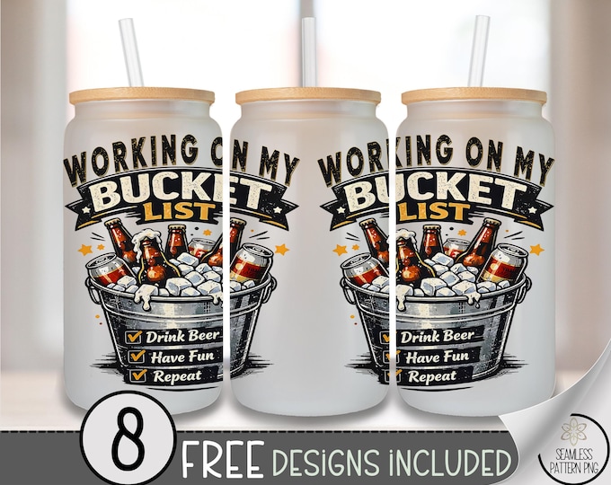 Beer Bucket List Glass Can Wrap, Playful 16oz Glass Tumbler Sublimation Design, Rustic Vintage Bar PNG File, Beer Lover Gift, B10051