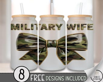 Military Wife Camo Bow 16 Oz Glass Can Wrap Sublimation Design (Digital Download) B961