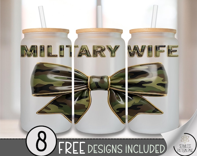 Military Wife Camo Bow 16 Oz Glass Can Wrap Sublimation Design (Digital Download) B961
