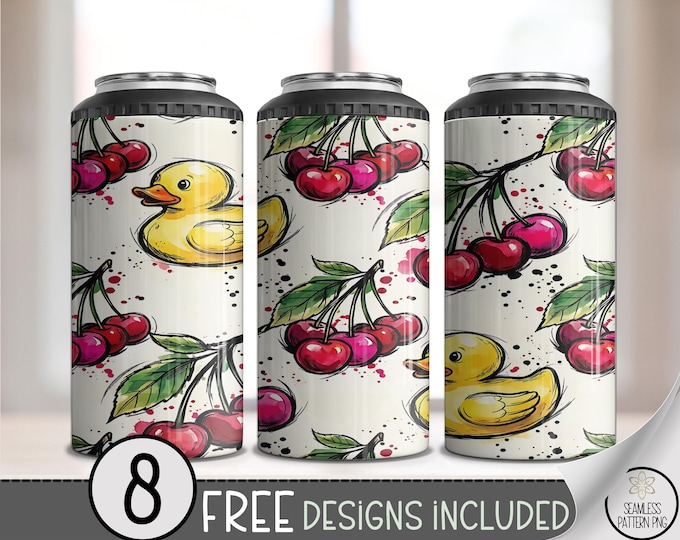 Cherry Duck PNG, Seamless 4-in-1 Can Cooler Wrap, Cute Sublimation Design, Digital Download, B941