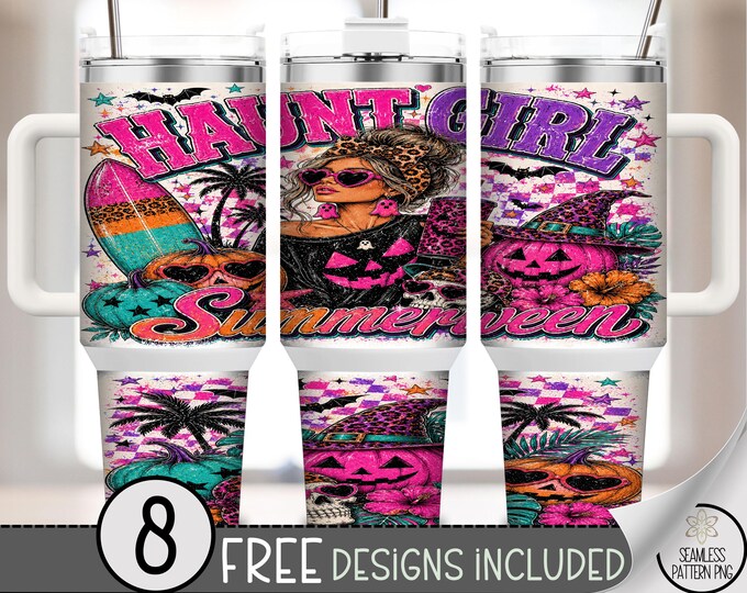 Funny 40 oz Tumbler Wrap, Haunt Girl Summerween Sublimation Design, Retro Tropical PNG, Digital Download, B10389