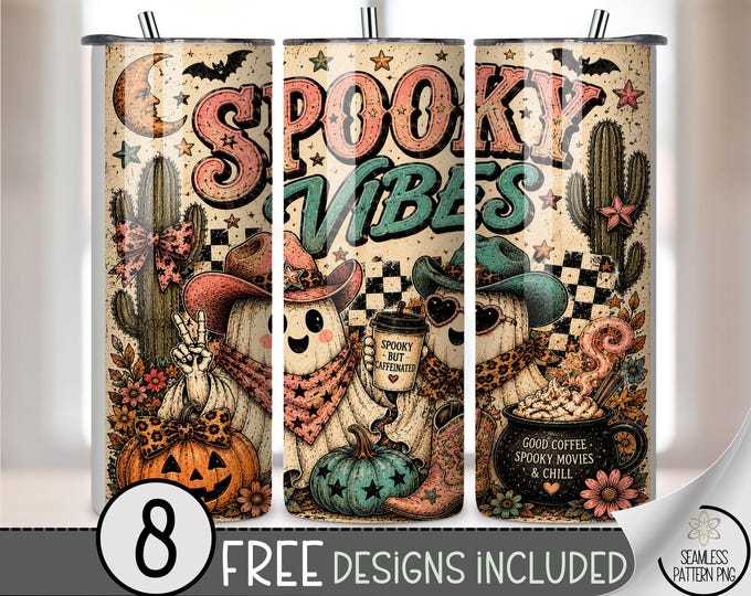 Halloween 20 oz Tumbler Wrap, Retro Sublimation Design for Straight Tumblers, Spooky Western Ghost PNG Files, Digital Download, B10400