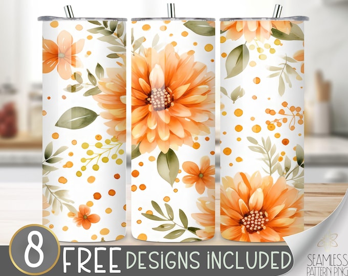 Autumn Floral Tumbler Wrap, Fall Dahlia Seamless Design, Autumn Flower Sublimation Tumbler Design PNG, Chrysanthemum 20 OZ Skinny Wrap PNG