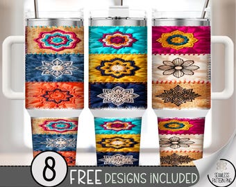 Patchwork Mandala 40 Oz Tumbler Wrap, Eclectic Folk Sublimation Design, Vibrant PNG File, Bohemian Style, B857