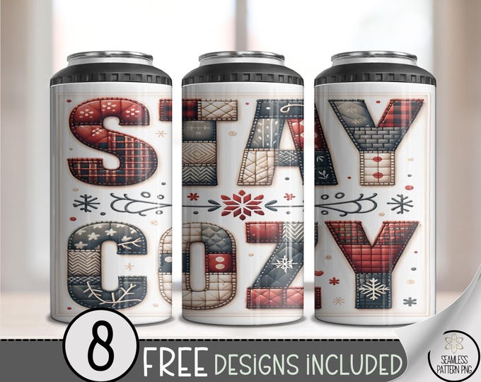 Cozy Season 4-in-1 Can Cooler Wrap PNG, Christmas Sublimation Design, Quilt Patchwork, Digital Download, A643