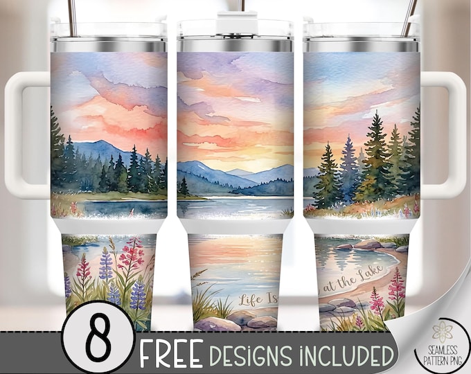 Lakeside Tranquility 40 oz Tumbler Wrap, Serene Landscape Sublimation Design, Calm Nature PNG Files, Rustic 40oz Tumbler Design, B10062