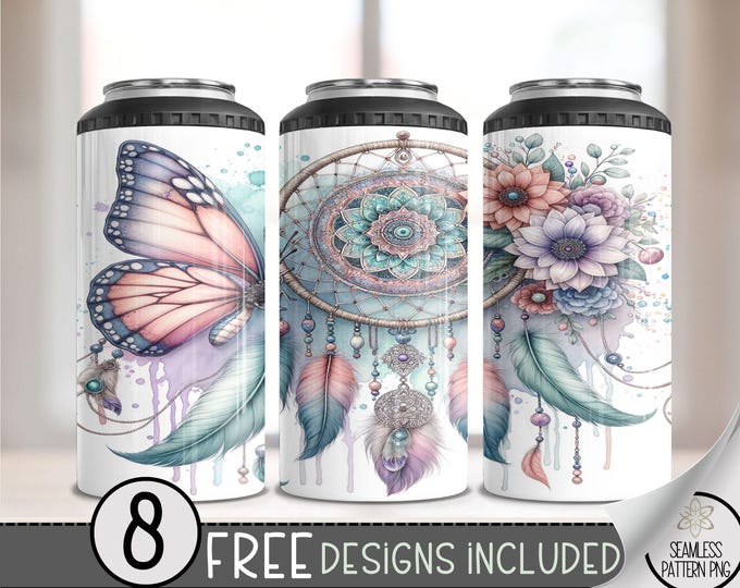 Boho Dreamcatcher Butterfly Floral 4in1 Can Cooler Wrap, Floral 4 in 1 Tumbler PNG, Seamless Ethereal 16 Oz Can Cooler Sublimation Design