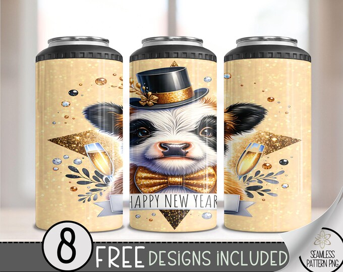 New Year 4 in 1 Can Cooler Wrap, Happy New Year 2025 4in1 Tumbler PNG, Cute Highland Cow 16 Oz Can Cooler Sublimation Design NYE Seamless