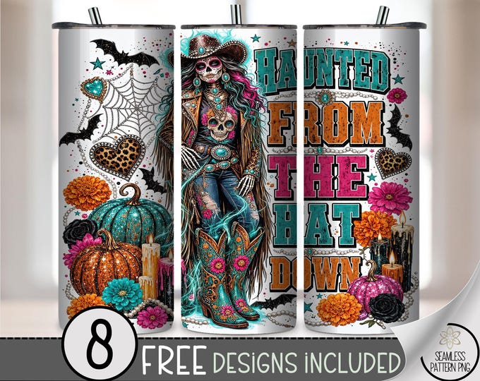 Halloween 20 oz Tumbler Wrap, Spooky Sugar Skull Cowgirl Sublimation Design, Colorful PNG Files, Digital Download, B10541