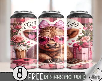 Highland Cow Valentine 4in1 Can Cooler Wrap, Winter Sublimation Design, Vday 16 Oz Slim, Cute 4 in 1 Tumbler PNG,Valentines 16 Oz Can Cooler