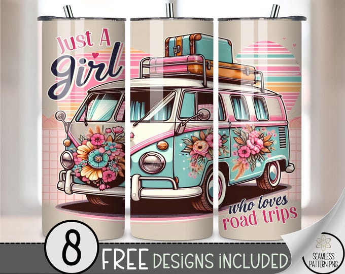 20oz Tumbler Wrap Just A Girl Who Loves Road Trips, Retro Van Floral PNG, Travel Adventure Sublimation, Boho Pastel Skinny Wrap, A376
