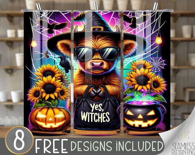 Witch highland cow tumbler wrap, Yes Witch 20 oz skinny tumbler, Halloween tumbler wrap pumpkin straight sublimation tumbler design