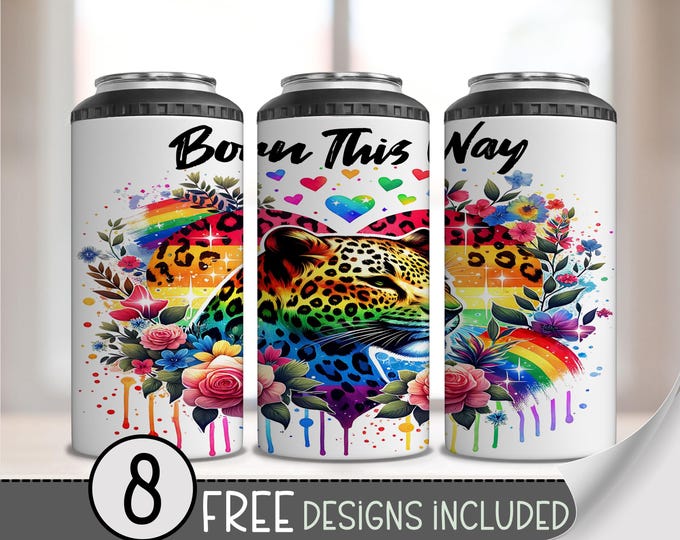 LGBTQ 4 in 1 Can Cooler Wrap, Born This Way Gay 4in1 Tumbler PNG, Pride Month 16 Oz Can Cooler Sublimation Design, Floral 4-in-1 PNG, A234