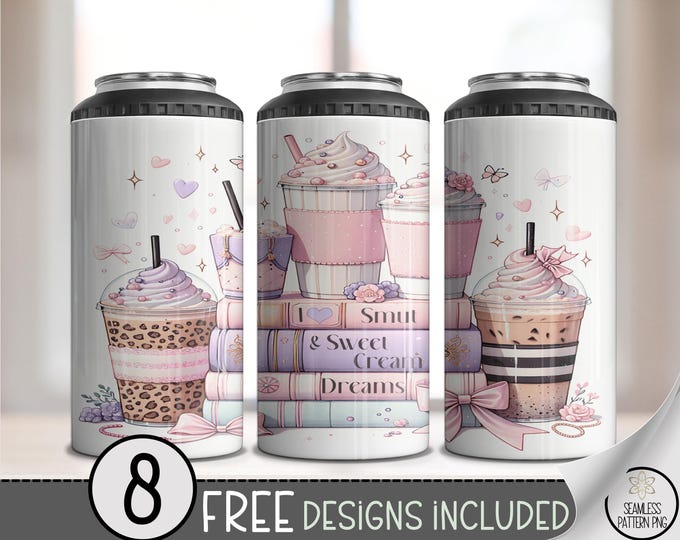 Cute Coffee Books 4in1 Can Cooler Wraps, Pink Pastel Dark Romance Book Lovers, A626