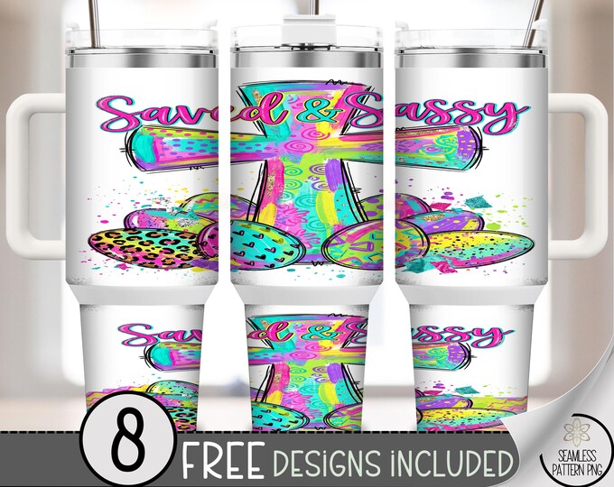 Easter PNG, Cross 40 Oz Tumbler Wrap, Saved & Sassy Sublimation Design, Neon Rainbow Design, B896