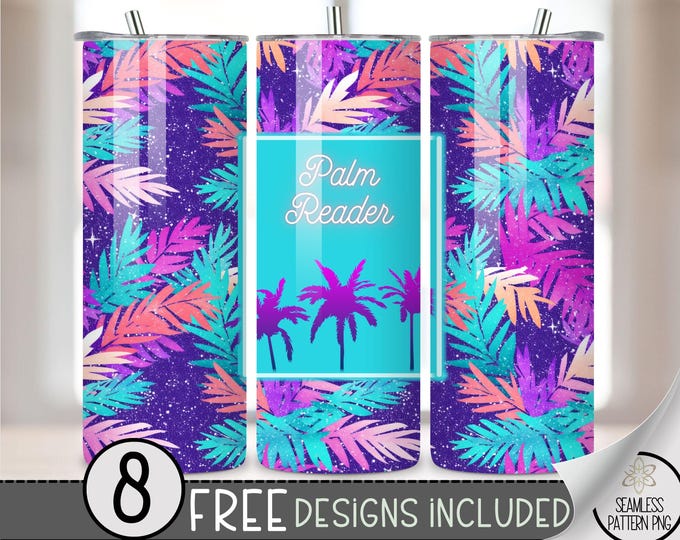 80s inspired 90s 20 oz Straight Tumbler Wrap Sublimation PNG, Skinny Neon Seamless Tumbler Design, Multi Beach Palm Reader Instant Download