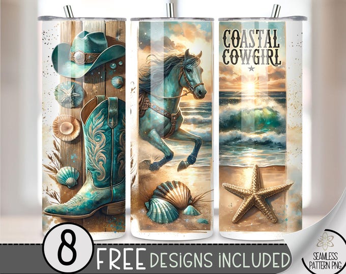 Coast Cowgirl 20 oz Tumbler Wrap, Guitar Cowgirl Skinny Tumbler Sublimation Design, Western Tumbler PNG Digital File, Girly Beach File, A156