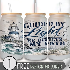 May include: Three frosted glass tumblers with bamboo lids and clear straws, featuring a nautical design with a lighthouse, crashing waves, seagulls, and the text "GUIDED BY LIGHT HE DIRECTS MY PATH PSALM 32:8" in dark blue ink.