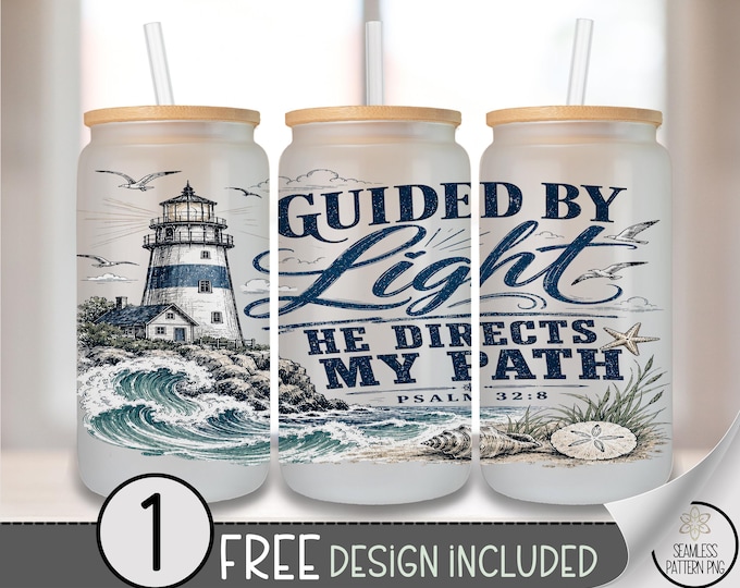 Coastal Lighthouse Glass Can Wrap, Scripture 16 oz Tumbler Sublimation Design, Religious PNG File, Digital Download, B10333
