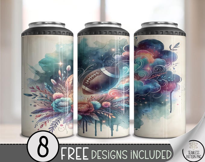 Bohemian Floral Can Cooler Wrap, Artistic Watercolor Designs, Vibrant Botanical Patterns, Football Drink Sleeve, 4in1 Cooler Cover A437
