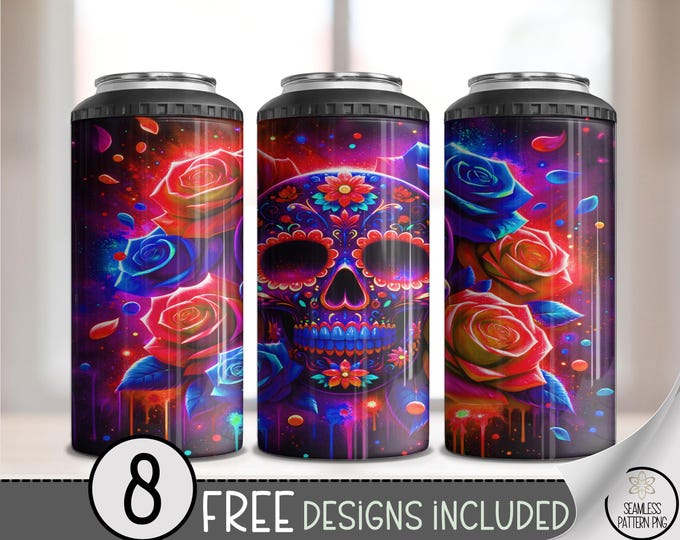 Neon Sugar Skull Can Cooler, Vibrant Floral Sublimation Design, 16oz Dia de los Muertos Wrap, 4in1 Printable Can Cooler File, A464