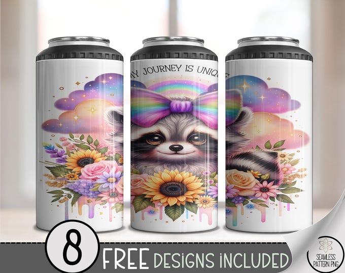 Cute Raccoon 4in1 Can Cooler Wrap, Playful Sublimation Design, Pastel 16 oz 4-in-1 File with Sunflowers and Rainbow Cloud, A707