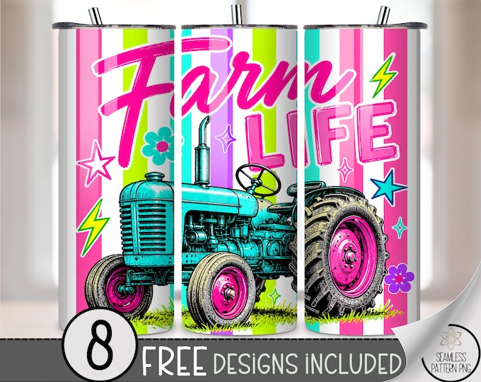 Retro Tractor 20 oz Tumbler Wrap, Farm Life Sublimation Design for Straight Tumblers, Neon PNG Files, Digital Download, B10306