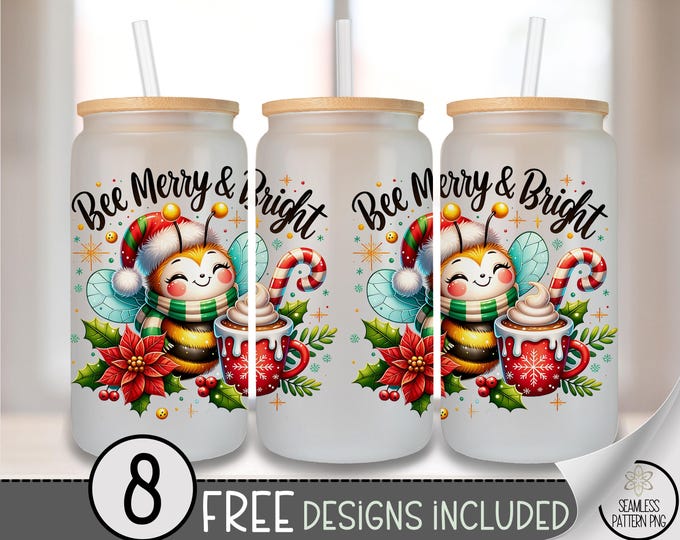 Bee Merry and Bright Glass Can Wrap, Cheerful 16oz Glass Tumbler Sublimation Design, Digital Download, Holiday PNG File, Christmas Bee A479