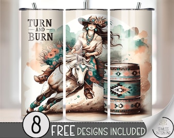 Turn and Burn Cowgirl Tumbler Wrap PNG, 20 oz Barrel Racing Western Boho Sublimation Design, Horse & Rider 20oz Rodeo Skinny Tumbler, A341