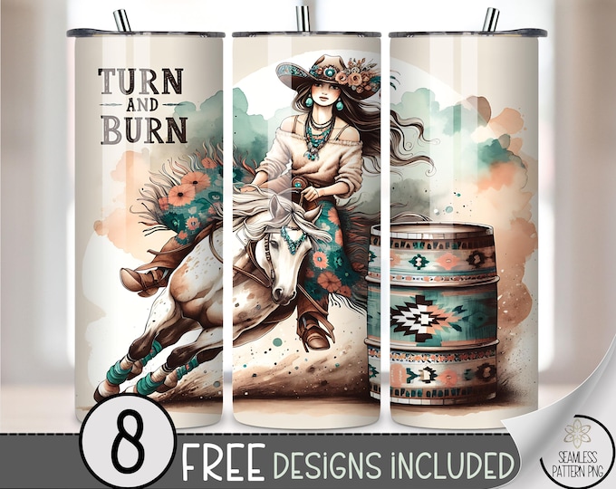 Turn and Burn Cowgirl Tumbler Wrap PNG, 20 oz Barrel Racing Western Boho Sublimation Design, Horse & Rider 20oz Rodeo Skinny Tumbler, A341