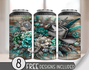 Cowgirl Hat 4 in 1 Can Cooler Wrap, Glitter Western 4in1 Tumbler PNG,Cowboy Hat 16 Oz Can Cooler Sublimation Design,Floral Country Girl A201