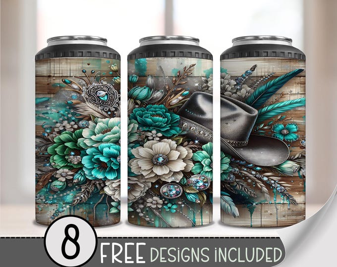 Cowgirl Hat 4 in 1 Can Cooler Wrap, Glitter Western 4in1 Tumbler PNG,Cowboy Hat 16 Oz Can Cooler Sublimation Design,Floral Country Girl A201