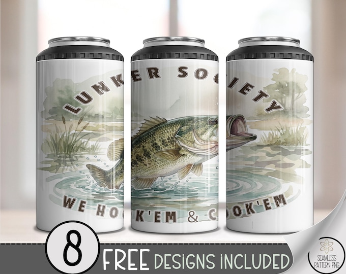 Fishing PNG 4-in-1 Can Cooler Wrap Design, Rustic Outdoors For Largemouth Bass Lovers, Digital Download, B909