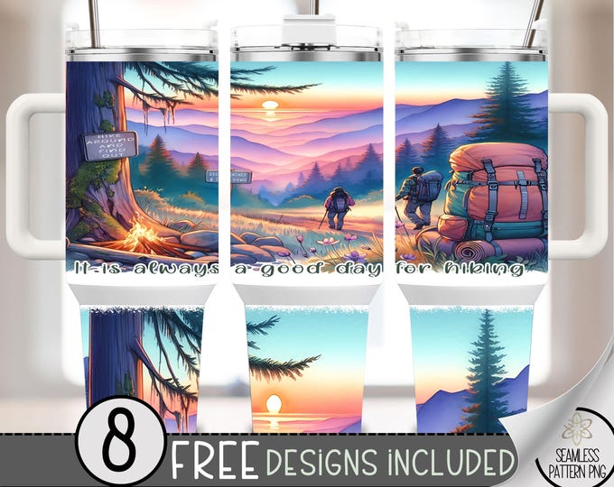 40 oz Hiking Tumbler Wrap PNG, Sunset Mountain Adventure Design, Backpacker Sublimation File, Nature Lover Gift for Outdoor, A285