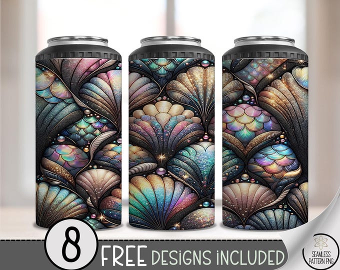 Mermaid 4 in 1 Can Cooler Wrap, Mermaid Shell Tail 4in1 Tumbler PNG, Iridescent Shell 16 Oz Can Cooler Sublimation Design, Shell Beach, A231
