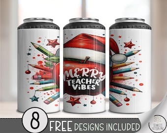 Christmas Teacher Can Cooler Wrap, Merry Teacher Vibes, Festive Teacher Appreciation 4 in 1 Can Wrap Design, Teacher 16oz Can Wrap, A453
