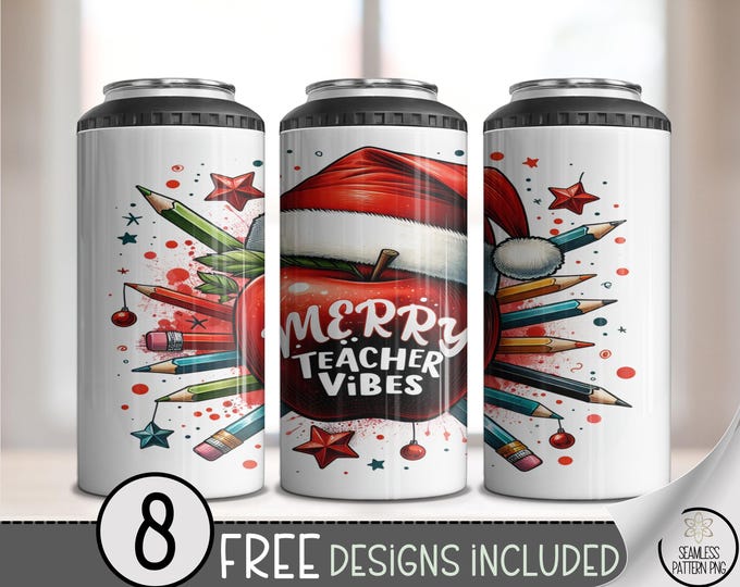 Christmas Teacher Can Cooler Wrap, Merry Teacher Vibes, Festive Teacher Appreciation 4 in 1 Can Wrap Design, Teacher 16oz Can Wrap, A453