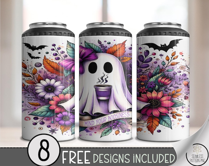 Halloween Can Cooler Wrap, Spooky Ghosts and Bats, Floral Halloween Designs, 4 in 1 Printable Can Sleeves, Funny Ghost Design, A434