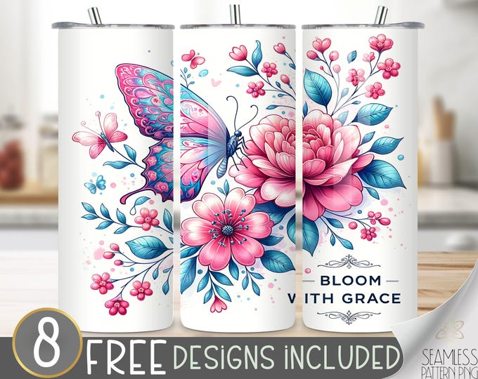 Butterfly Floral Tumbler Wrap, Pink Blue Flower Bloom Sublimation Design, Elegant Nature Tumbler File, Grace Inspirational Sublimation PNG
