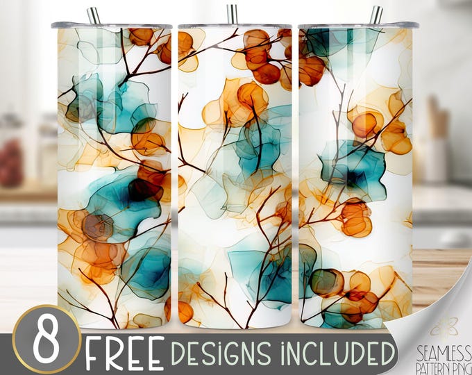 Alcohol Ink Fall PNG Leaves Tumbler Wrap Seamless Design, Autumn Leaves Sublimation Tumbler Design PNG, Fall Foliage 20 OZ Skinny Wrap